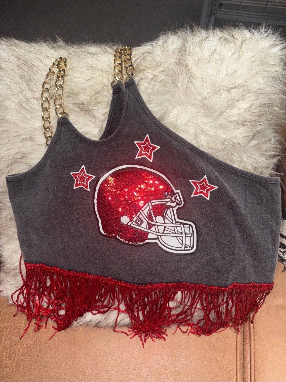 Sequin Football One Shoulder Fringe Shirt